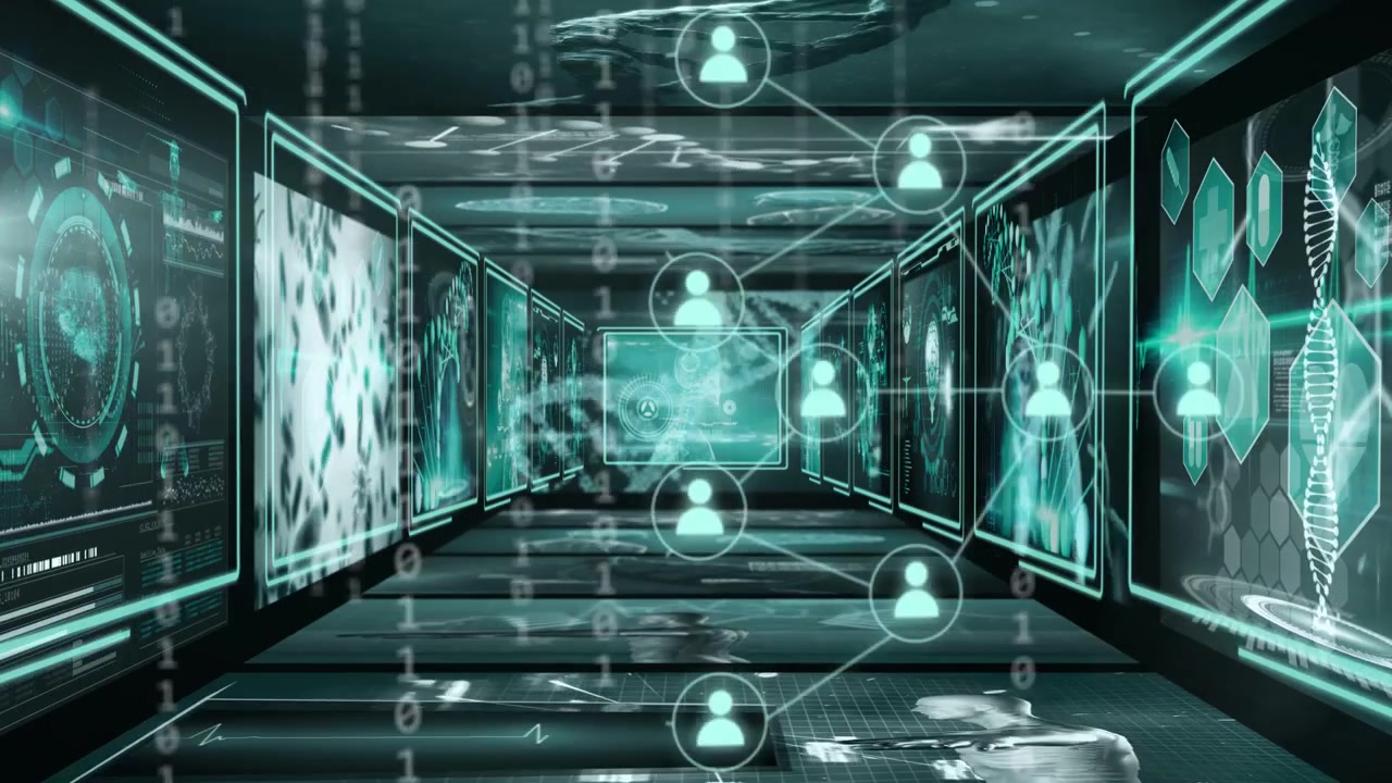 Camera pushing forward holographic corridor showing medical data binary streaming and nodes forming