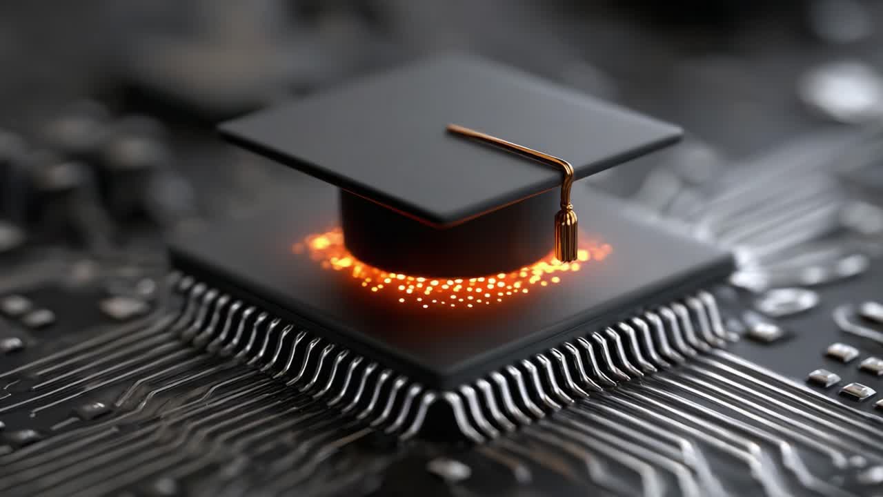 Un tocco da laureato futuristico posizionato su un circuito stampato, a simboleggiare l'innovazione e la formazione nell'era della tecnologia e dell'apprendimento digitale