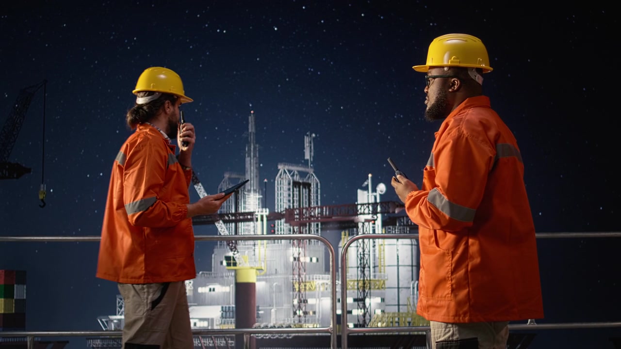 Mænd på en offshore-boreplatform taler i walkie-talkie og rapporterer om den globale oliekrise.