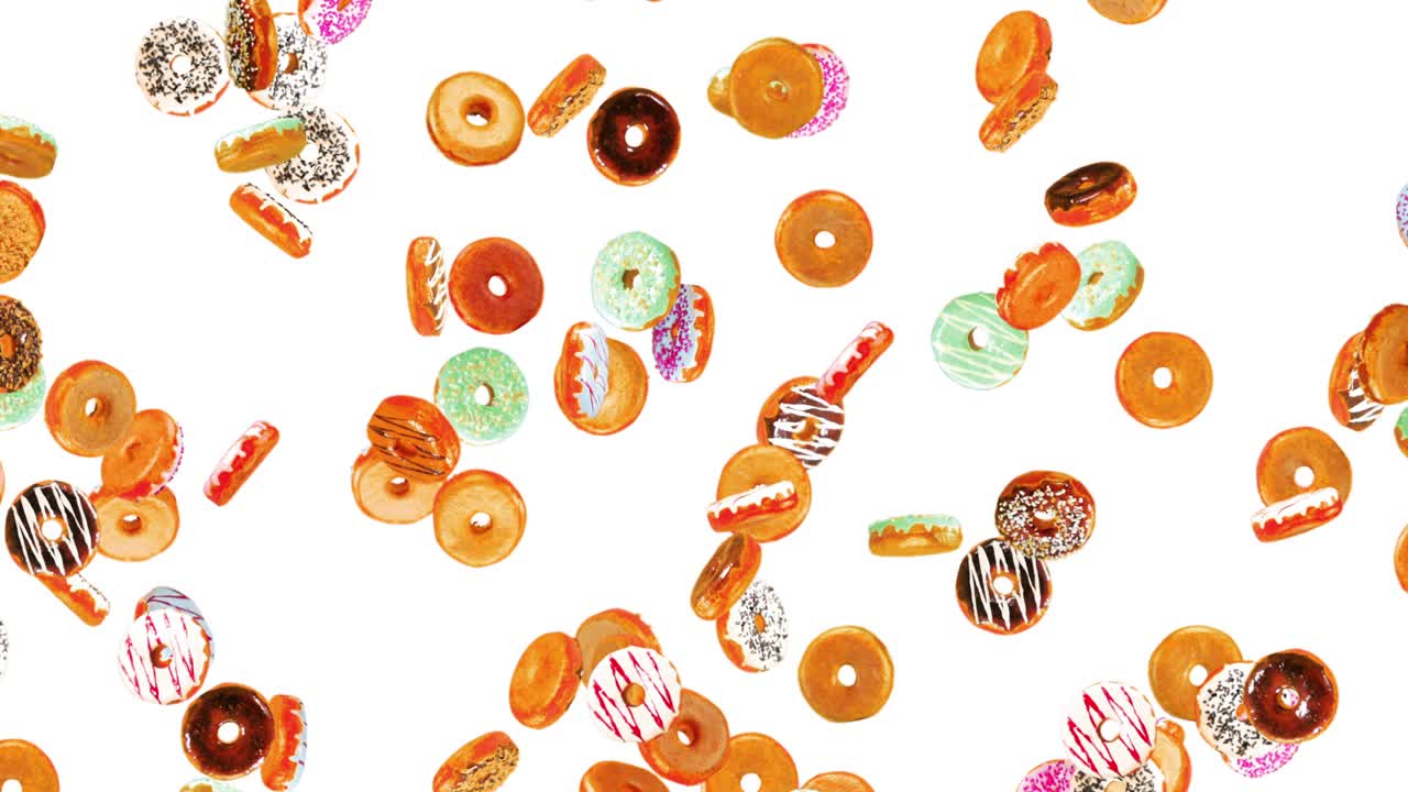 Flying many colorful donuts on white background. Doughnut cake, Sweets, Dessert. 3D animation of donut rotating. Loop animation.