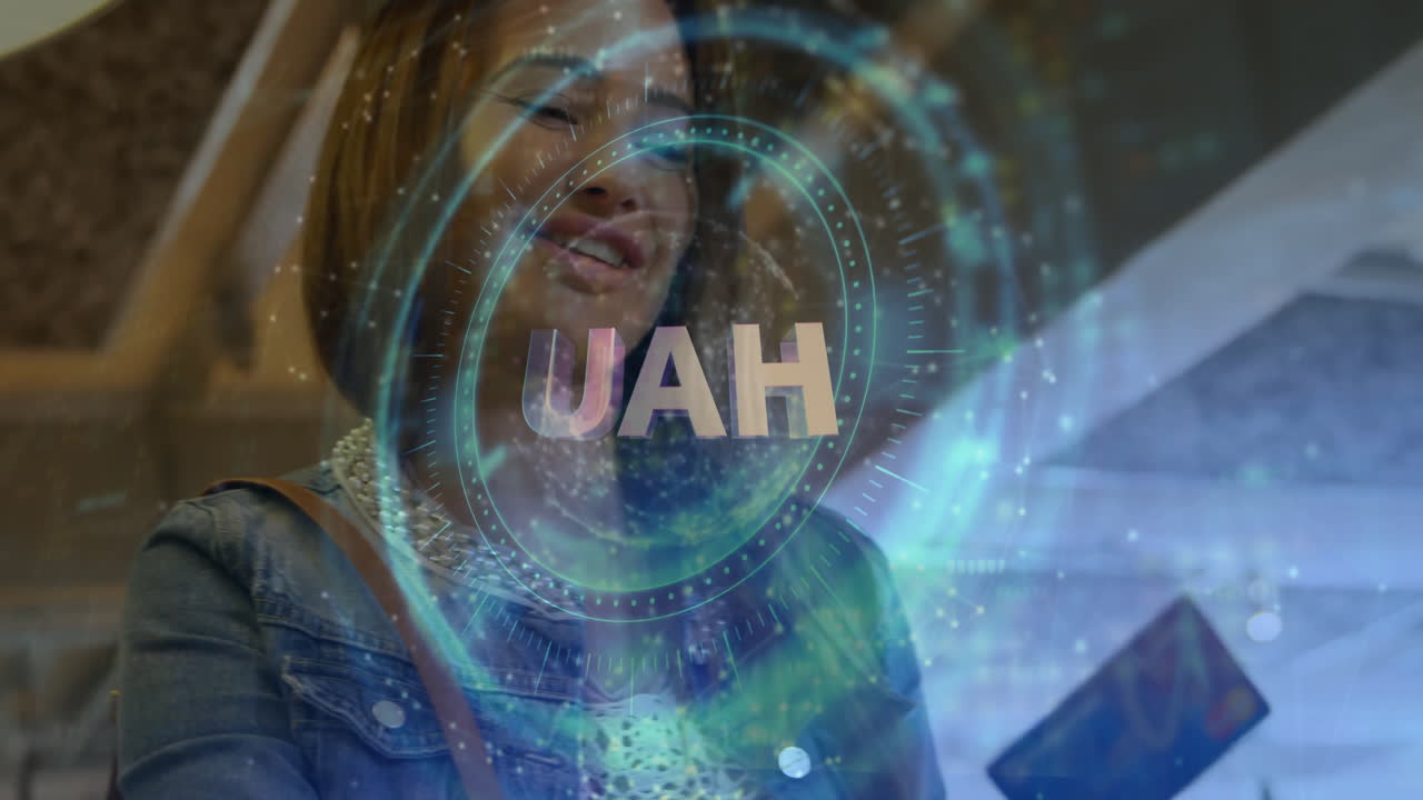 woman wearing jacket interacting with holographic UAH interface showcasing data streams for finance