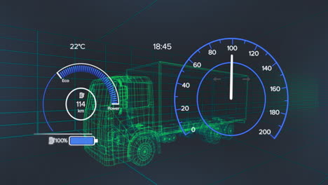 animación del velocímetro sobre el proyecto de camión eléctrico en el fondo de la marina