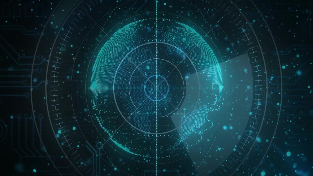 Reticle pulse initiating holographic teal globe forming, scanning, and mapping live data
