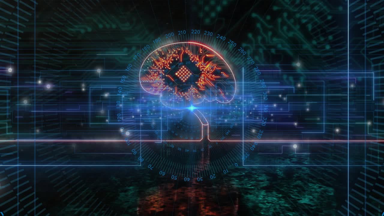 Glowing brain circuitry pulsing after neon lines appearing, lighting chip core, showing data flow