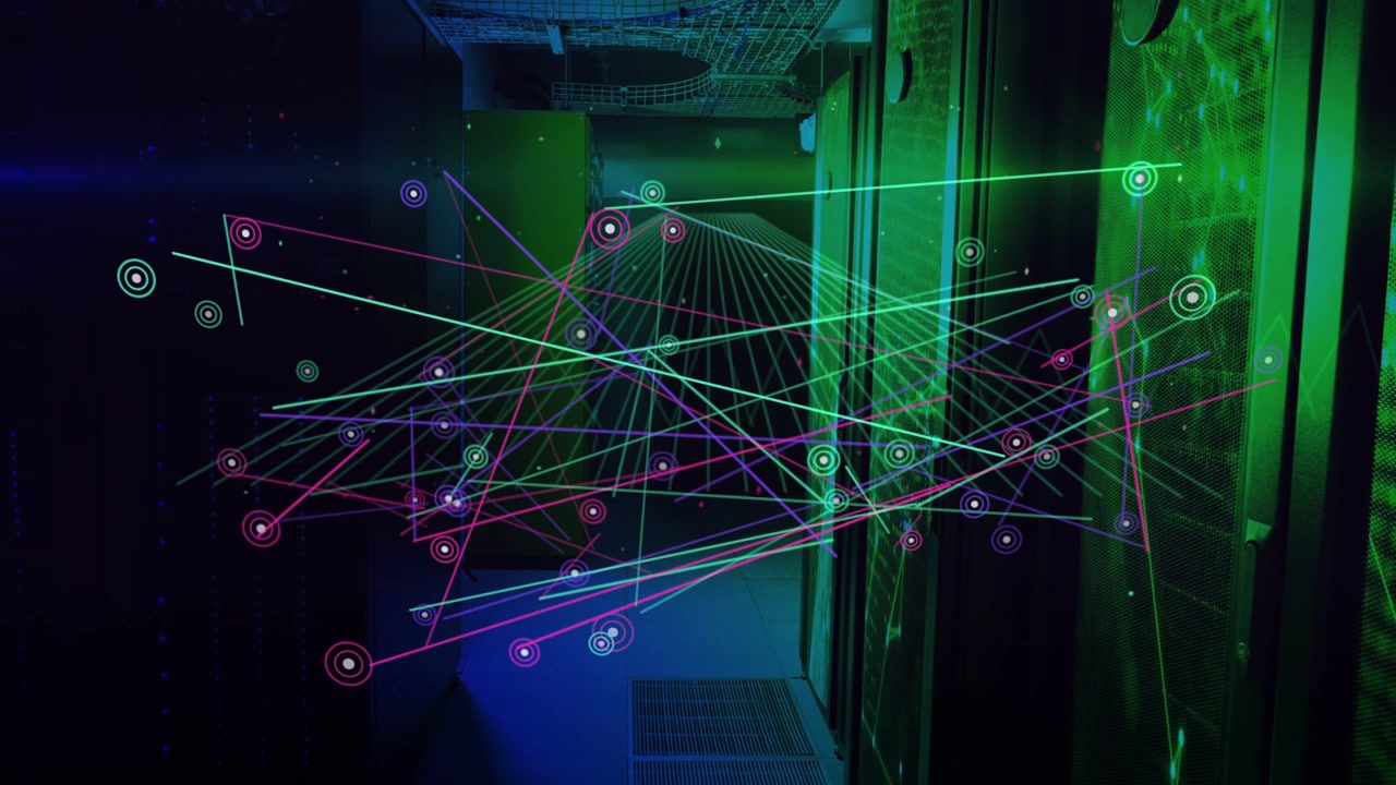 Expanding animated network overlay covering server racks down data center aisle, triggered by scan