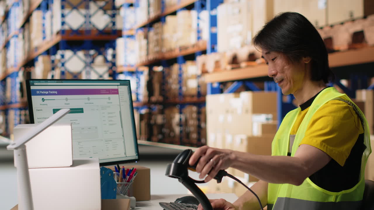 Vertical Video Asian employee registering airway bills in storehouse industrial depot