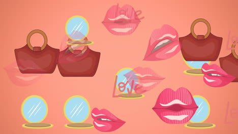 animation of handbags and lips icons on pink background