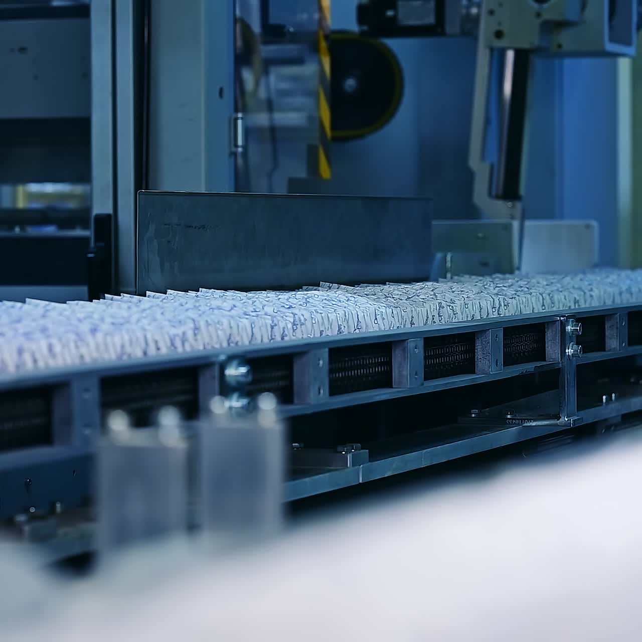 Producing diapers machanism motion. Big roll of cellulose for making pampers