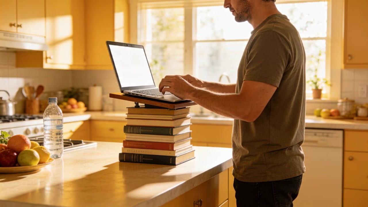 Uomo adulto che digita, lavorando all'isola della cucina dopo aver appoggiato il laptop sui libri, con una maglietta color oliva, spazio per il testo.
