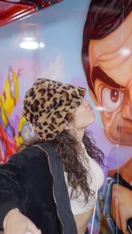 woman enjoying a colorful amusement park ride