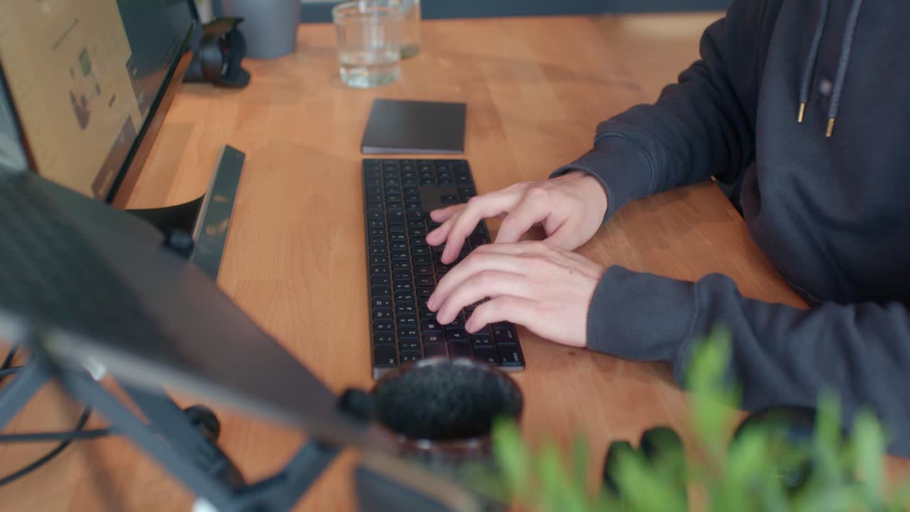 사무실 내부의 컴퓨터에 입력하는 남자