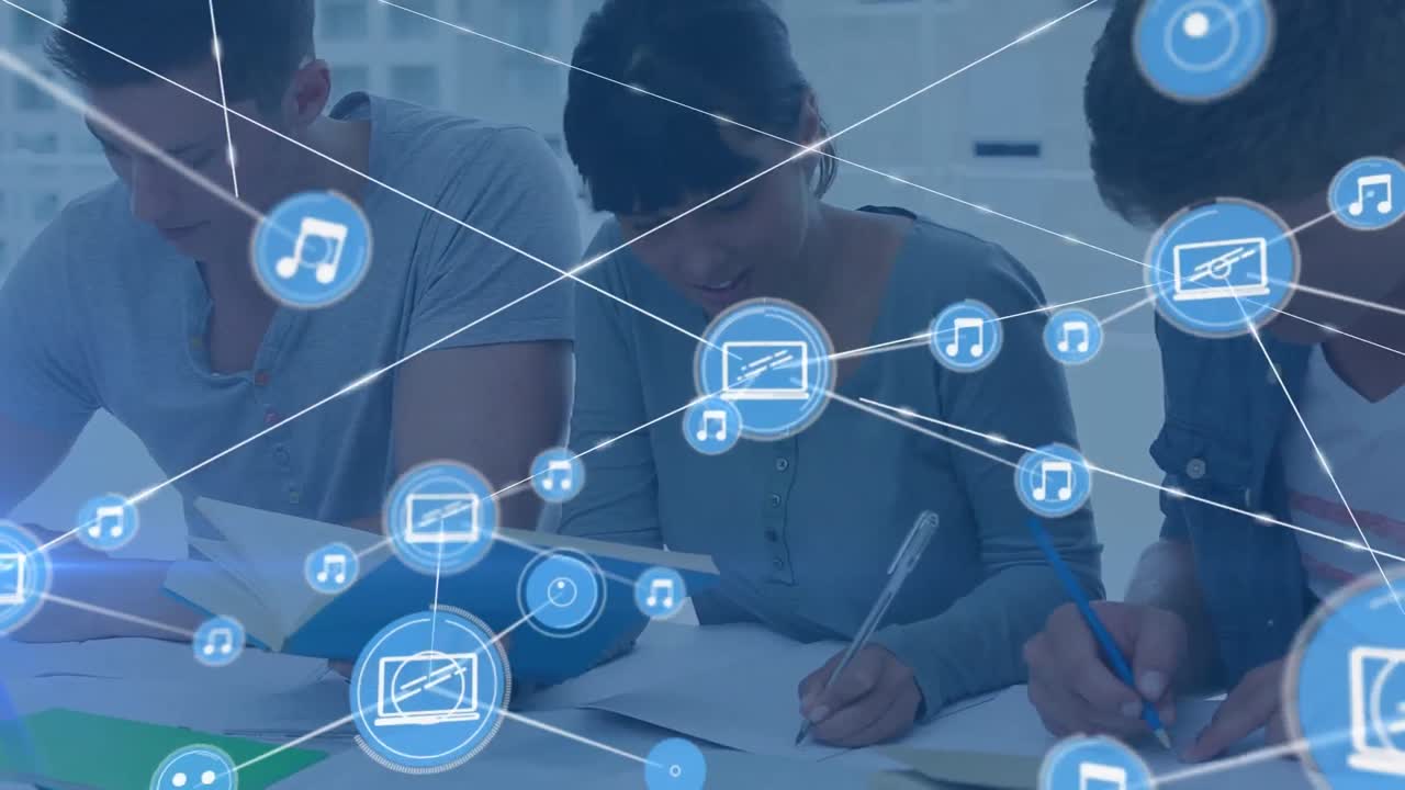 animación de una red de conexiones con iconos en un grupo diverso de estudiantes