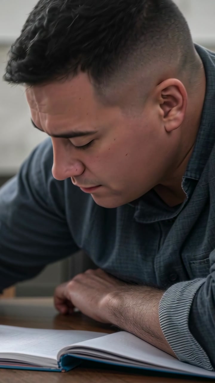 Vertical video: Reading man in blue shirt leaning forward eyes tracing lines across book home study