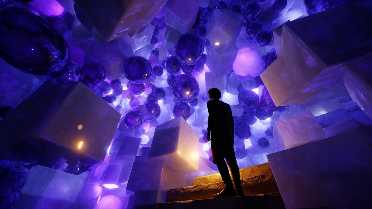 A solitary figure stands on the steps, surrounded by a mesmerizing array of glowing cubes and spherical orbs, creating a dreamlike atmosphere of purple and blue lights that dazzle the senses