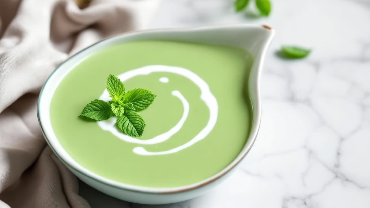 Green cream soup garnished with fresh mint, served in ceramic bowl atop marble surface, highlighting nutritious culinary presentation