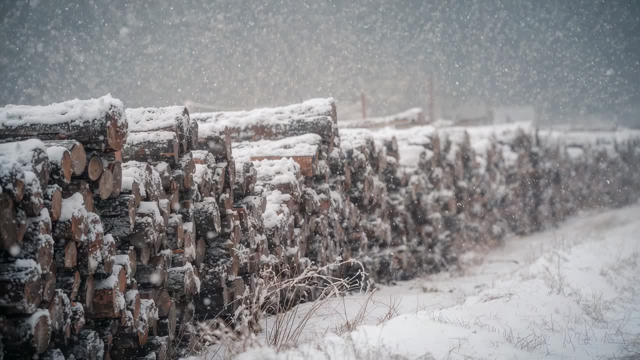 Falling snow dusting stacked logs along snowy path, accumulating on cut ends and grasses