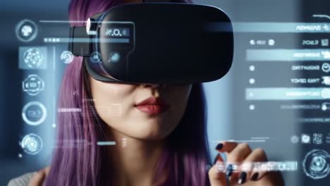 immersive virtual reality experience: a young woman engages with digital interface while wearing advanced vr headset, pioneering technology and creative exploration in action