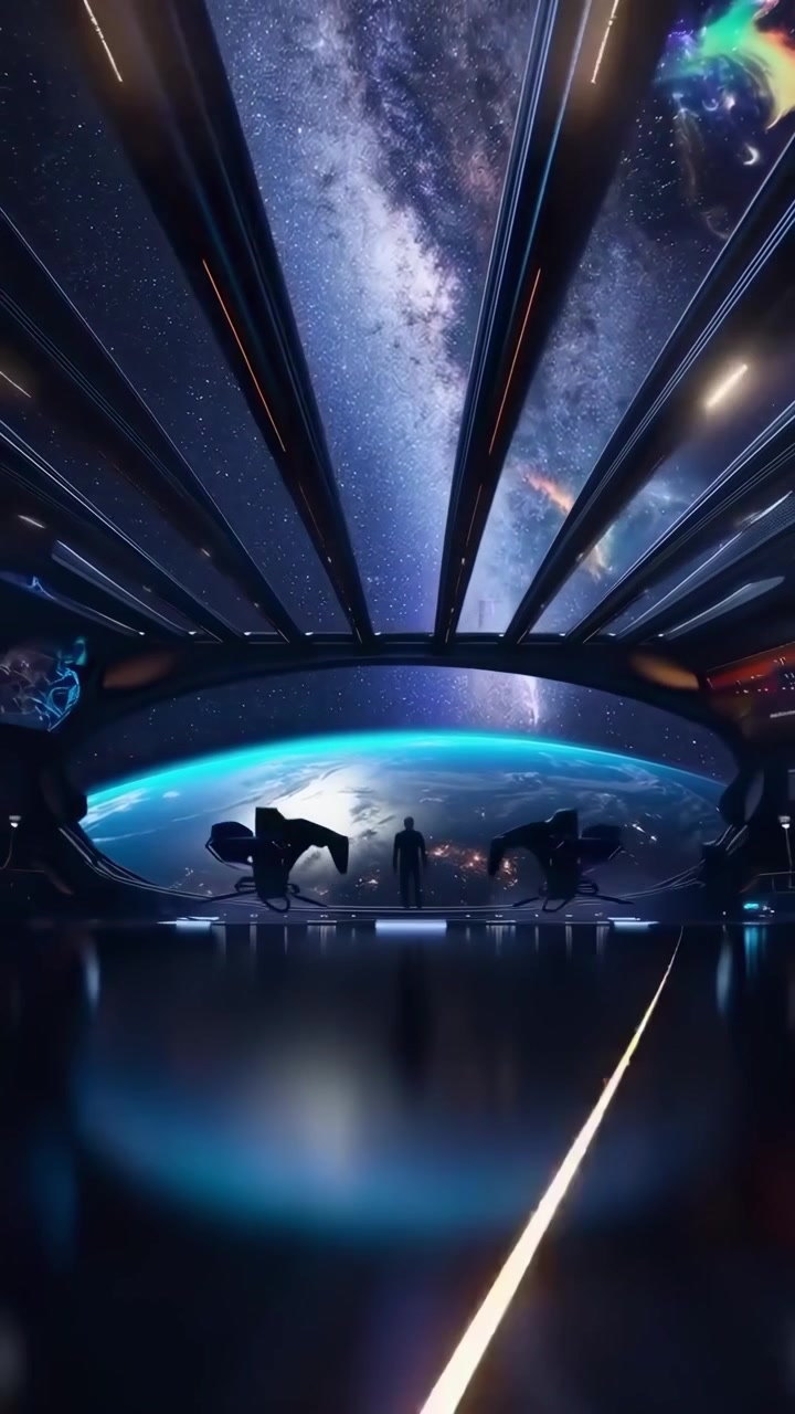 Astronauta de pie en una estación espacial futurista observando la Tierra