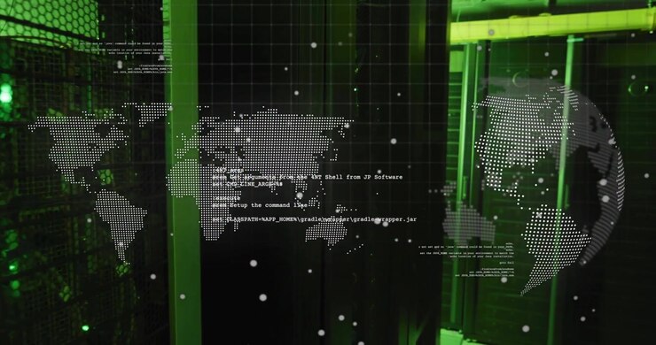 Opening green-lit datacenter revealing rotating dotted globe, pulsing world map and scrolling code