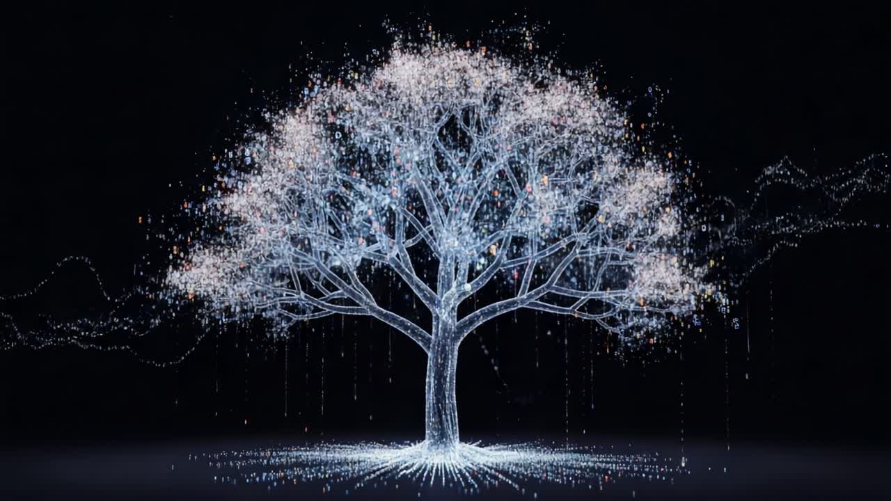 A Stunning Transformation of a Illuminated Tree: From A Luminous Abstract Design to a Bright Radiant Wonder in a Captivating Sequence of Artistic Brilliance