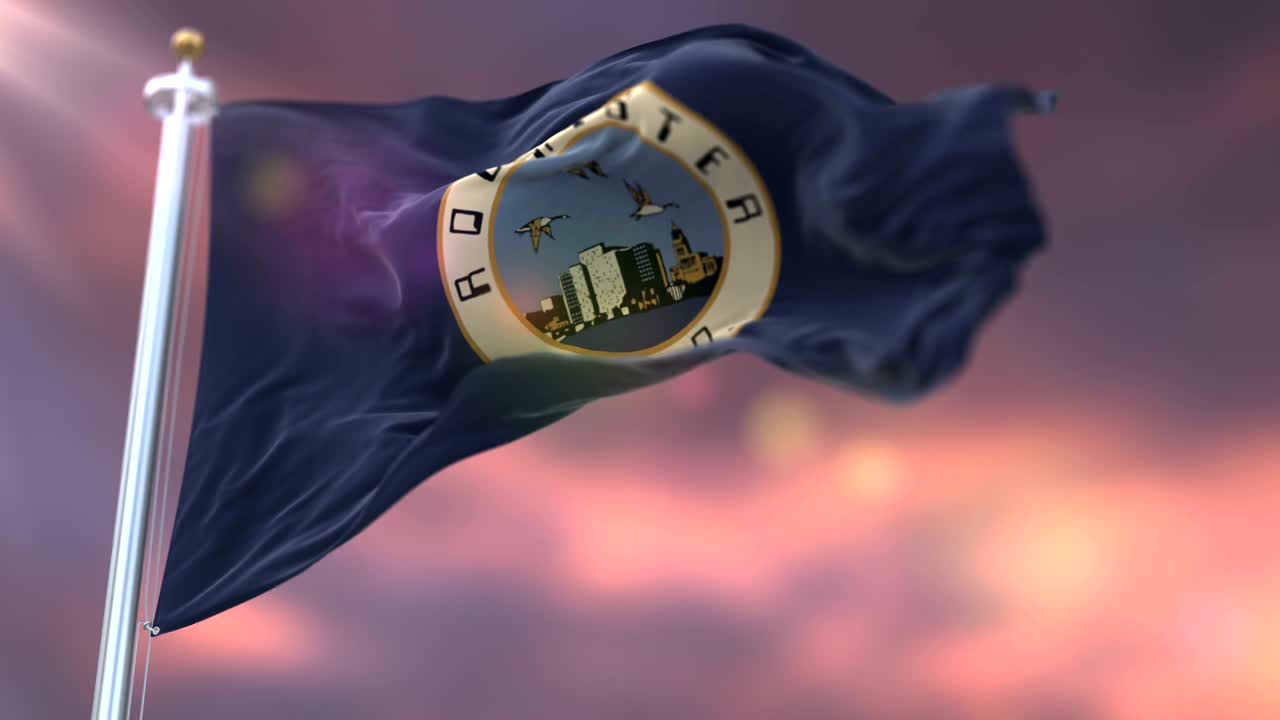 bandera de rochester al atardecer, ciudad de minnesota, estados unidos de américa - bucle