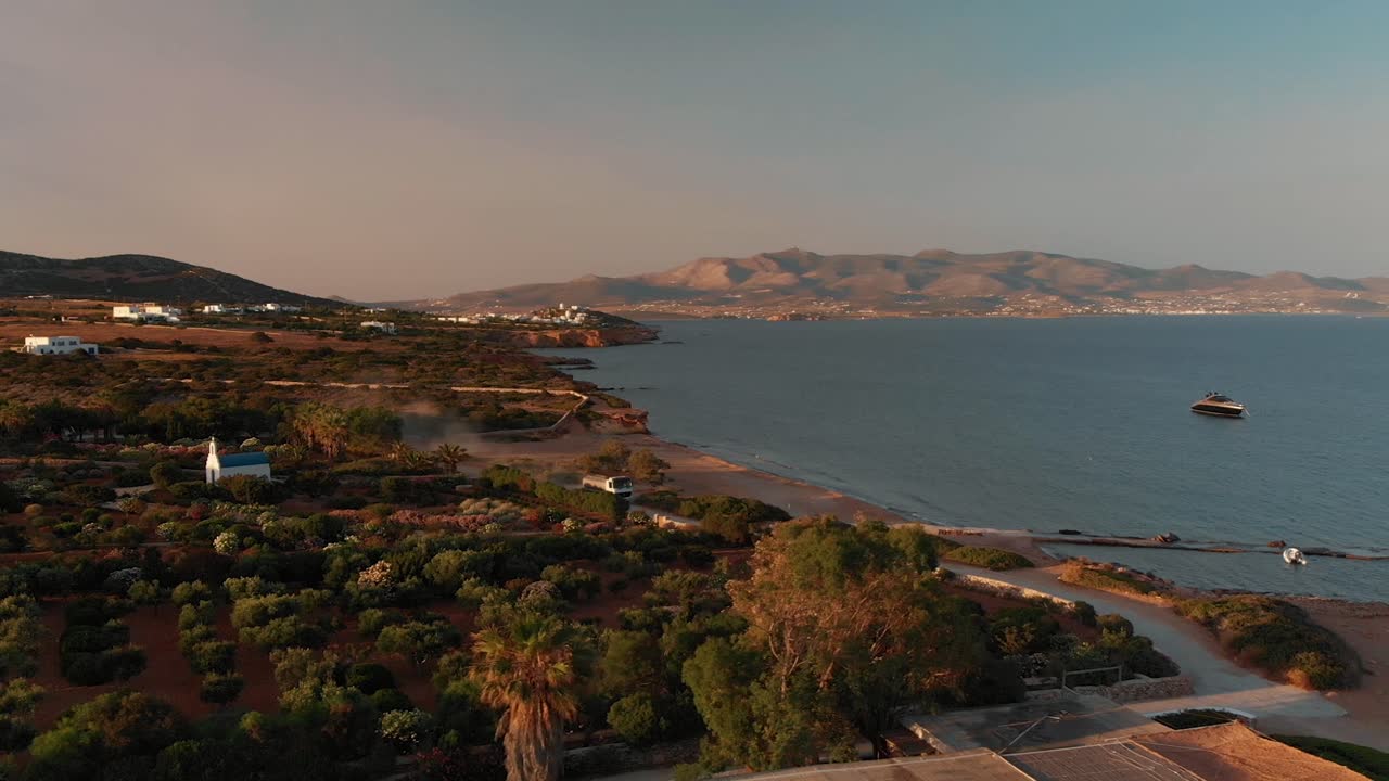 Cinematic panoramic view of Antiparos Island in Cyclades archipelago. Aerial drone shot