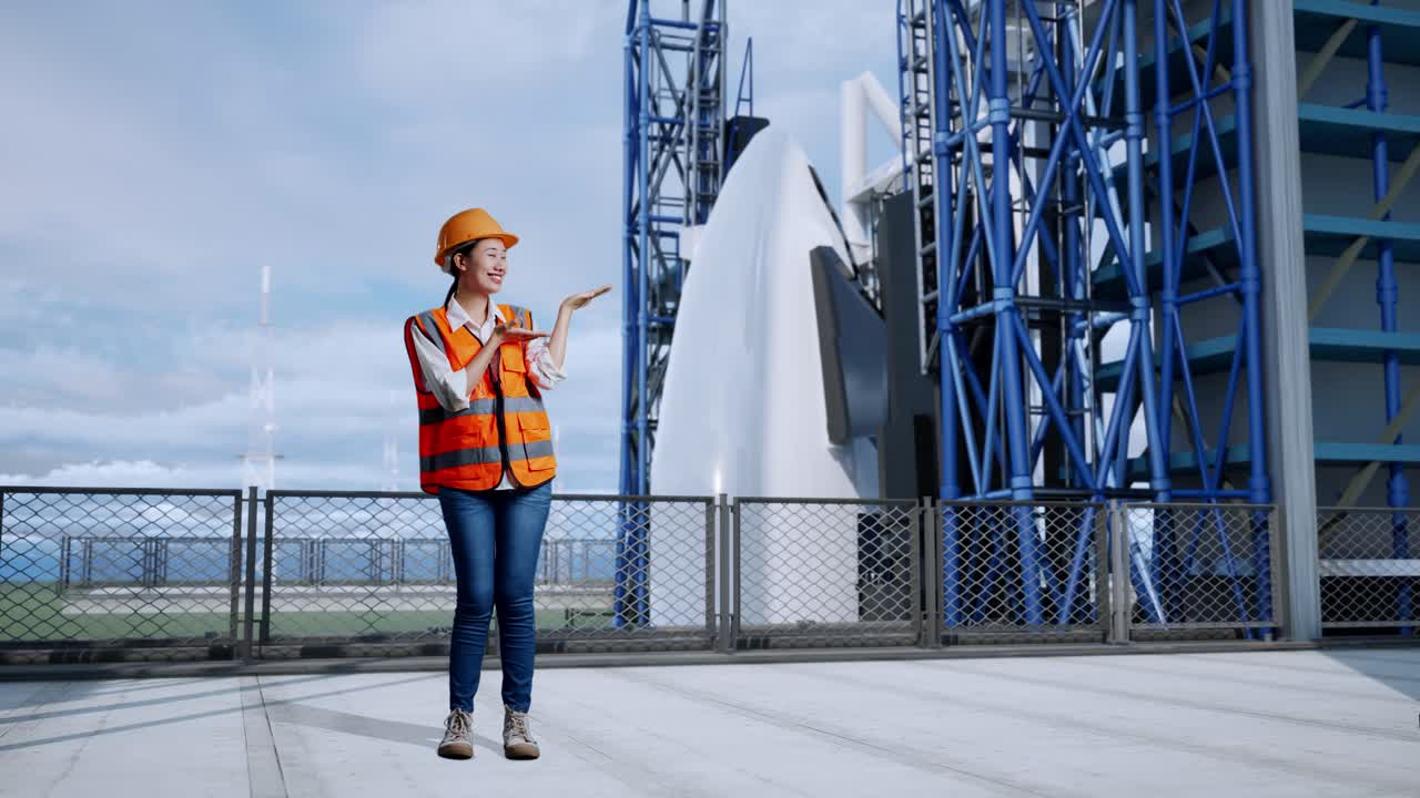 полное тело азиатской женщины-инженера с защитным шлемом улыбается и указывает в сторону, стоя с космическим шаттлом