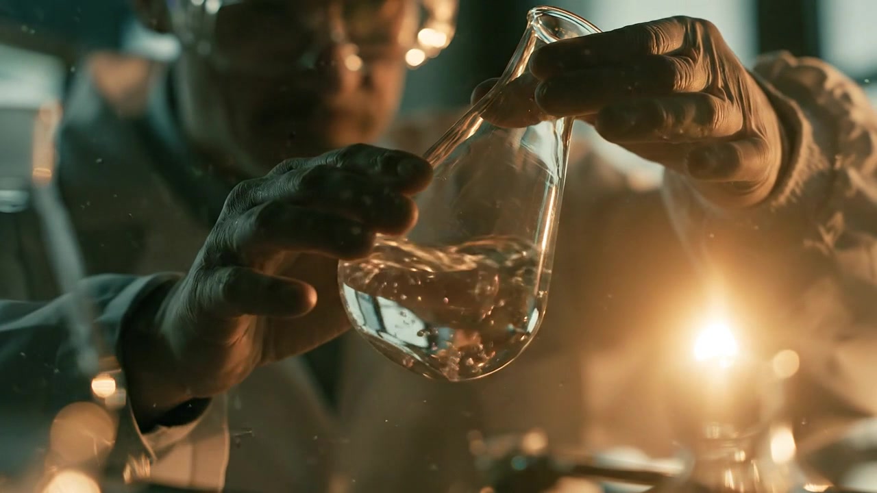 Scientist Examining Chemical Solution in Laboratory Flask