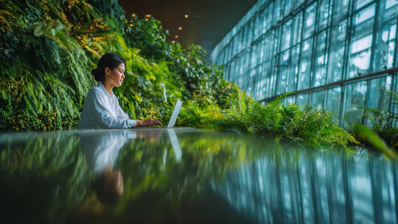 A woman engages in focused work on her laptop amidst a lush, green indoor garden setting, showcasing a serene blend of technology and nature