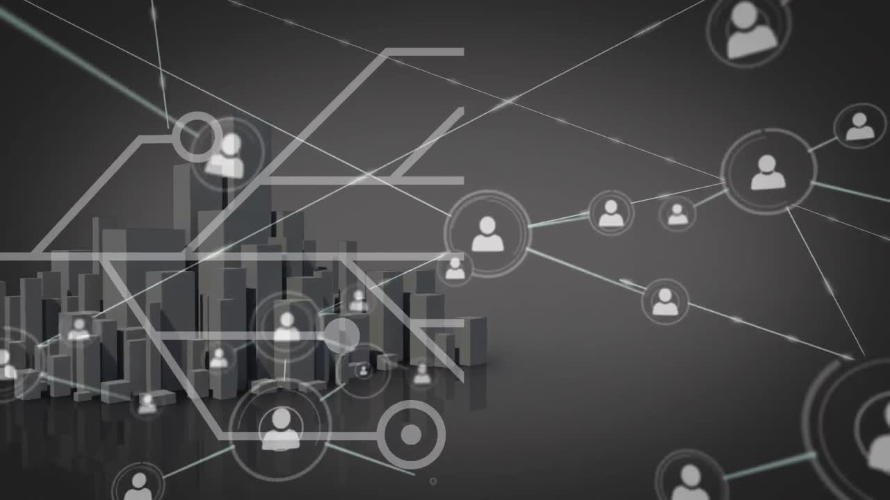 Animation von Datenverarbeitung über einer 3D-Stadtansicht