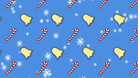 Animation-of-multiple-bells-and-candy-cane-on-blue-background