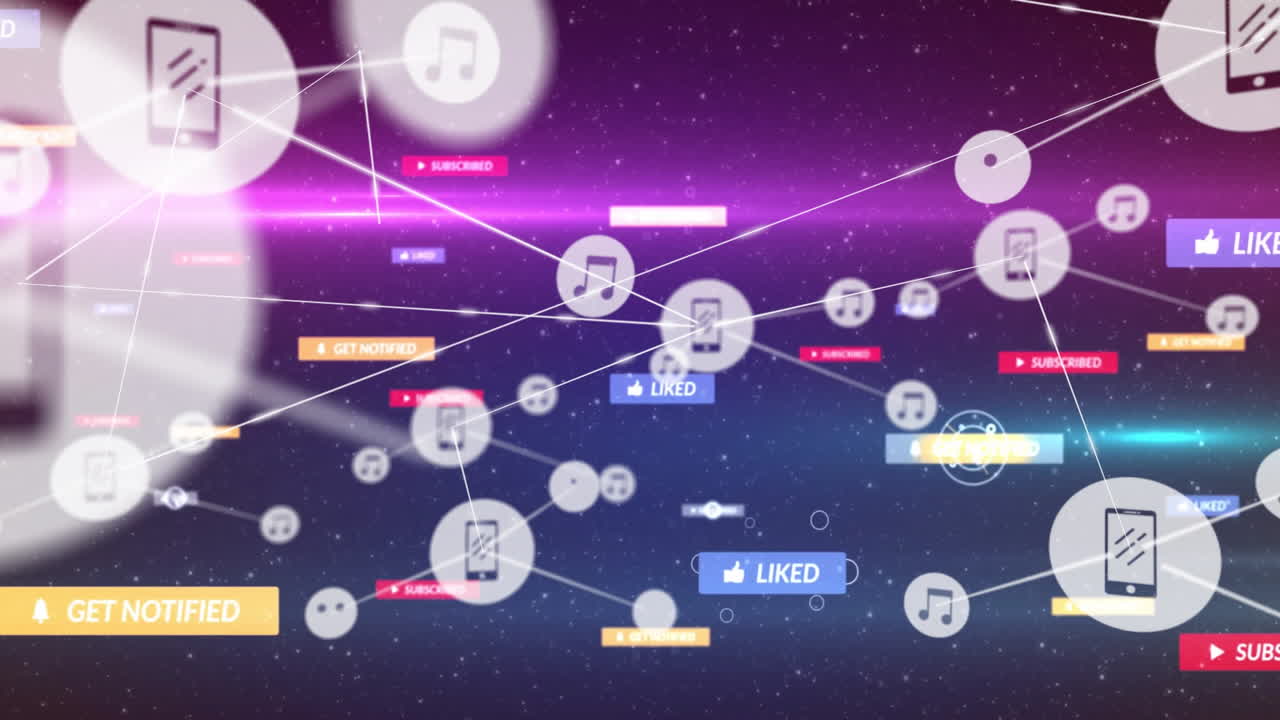 소셜 미디어 알림과 음악 아이콘은 네트워크 라인과 함께 보라색 배경에서 애니메이션됩니다.