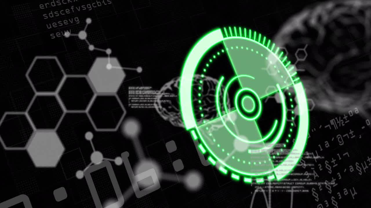 검은색 배경에 과학적 데이터와 뇌가 있는 녹색 원의 애니메이션