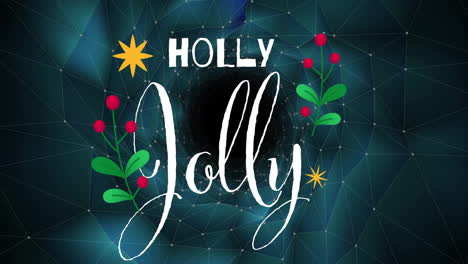 holly jolly text animation over geometric background with festive decorations