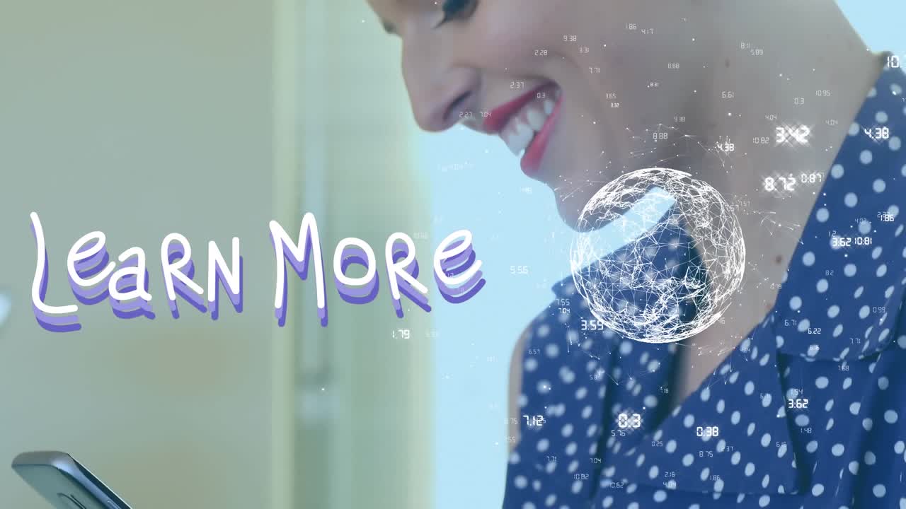 Animation of learn more text and globe over caucasian woman using smartphone