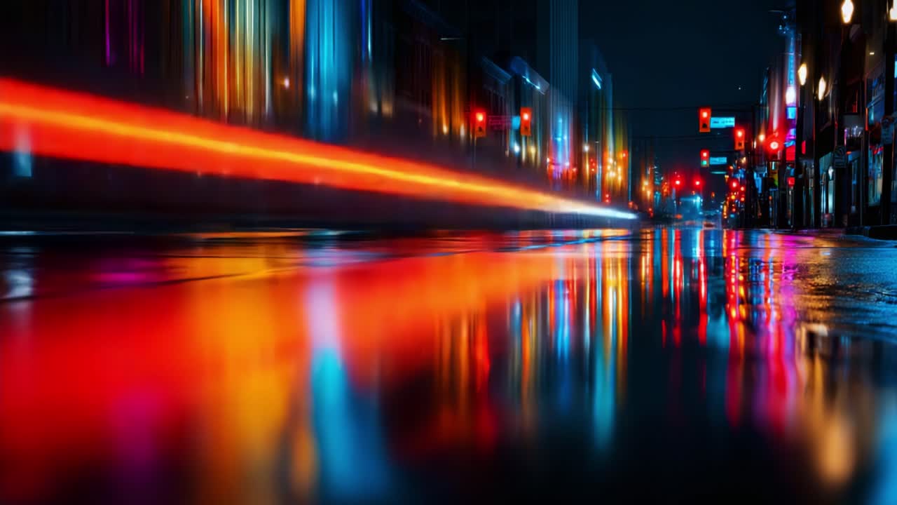 A mesmerizing urban night scene featuring vibrant reflections of colorful lights on wet pavement, creating an enchanting visual experience of the bustling city atmosphere