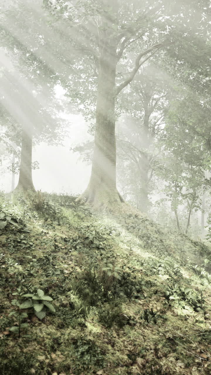 Sunlight filtering through trees in a serene forest during the early morning