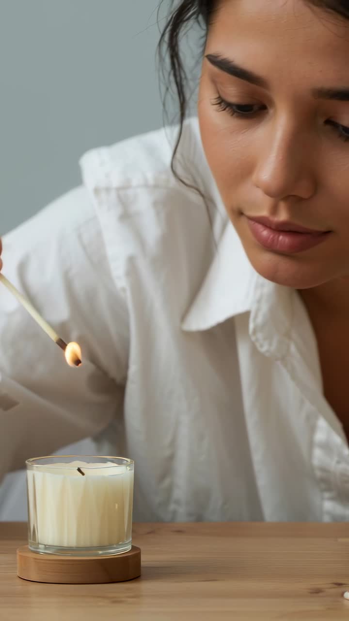 Vidéo verticale: Femme en haut blanc allumant une allumette pour une bougie en pot à table, créant une ambiance douce.