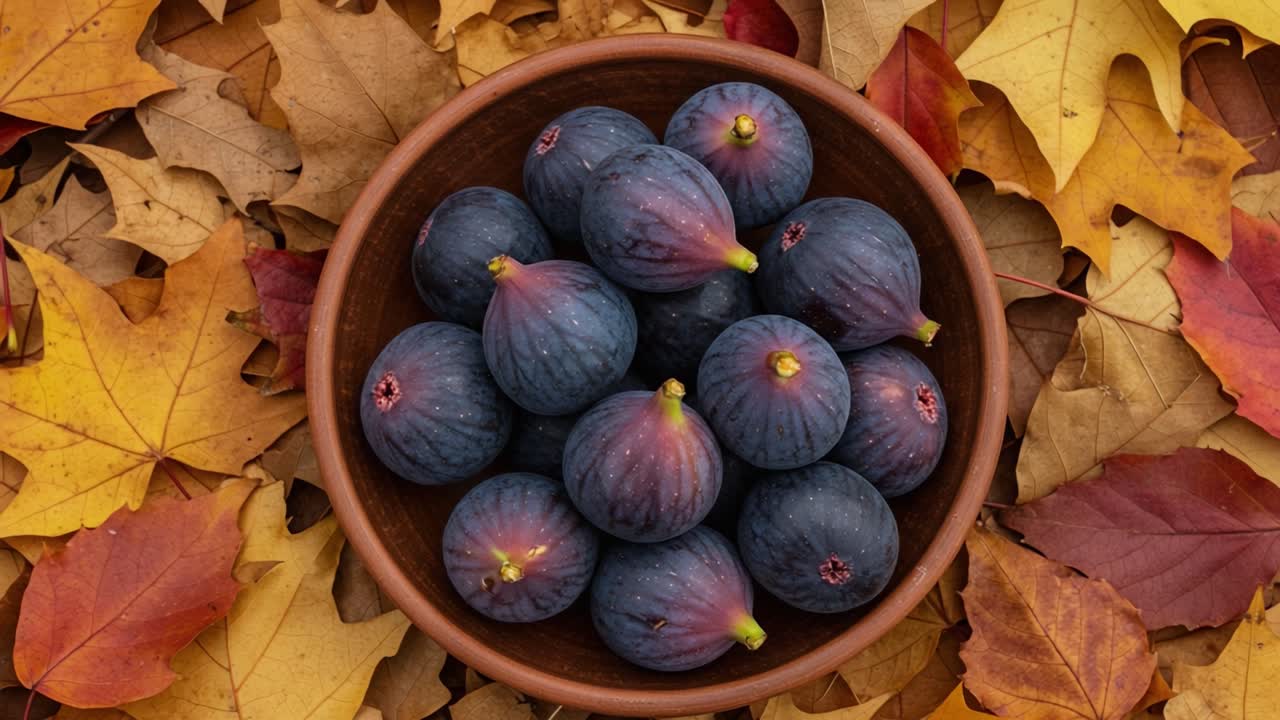 A Stunning Display of Fresh Figs Arranged in a Rustic Bowl Surrounded by Colorful Autumn Leaves, Highlighting the Rich Colors and Textures of Nature's Bounty
