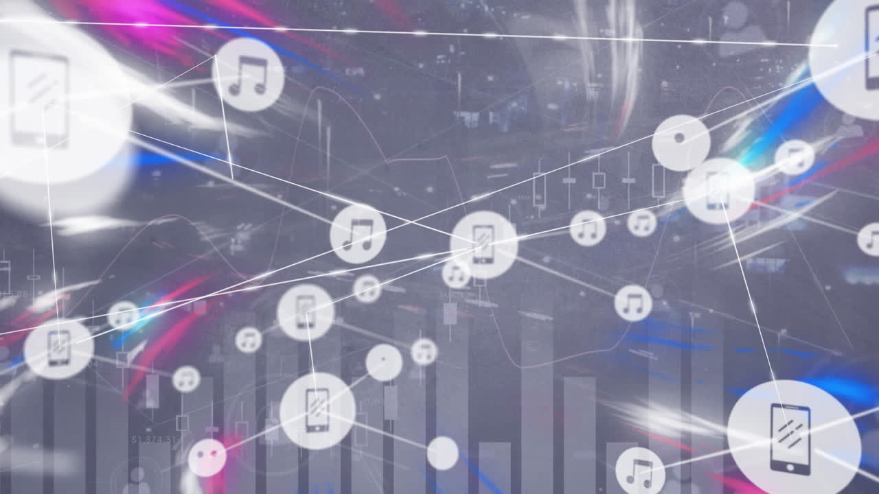 아이콘과 데이터 처리를 통해 도시 풍경에 대한 연결 네트워크의 애니메이션
