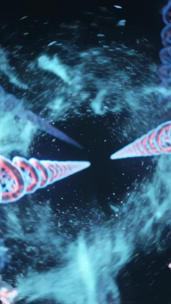 Video verticale: Sfera al neon pulsante che si rompe dopo che un'elica si avvicina in laboratorio, eliche che formano un vortice.
