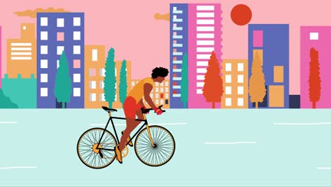 african american man cyclists is riding bicycle in the summer empty city during sunset. cartoon animation, flat design, loop 4k