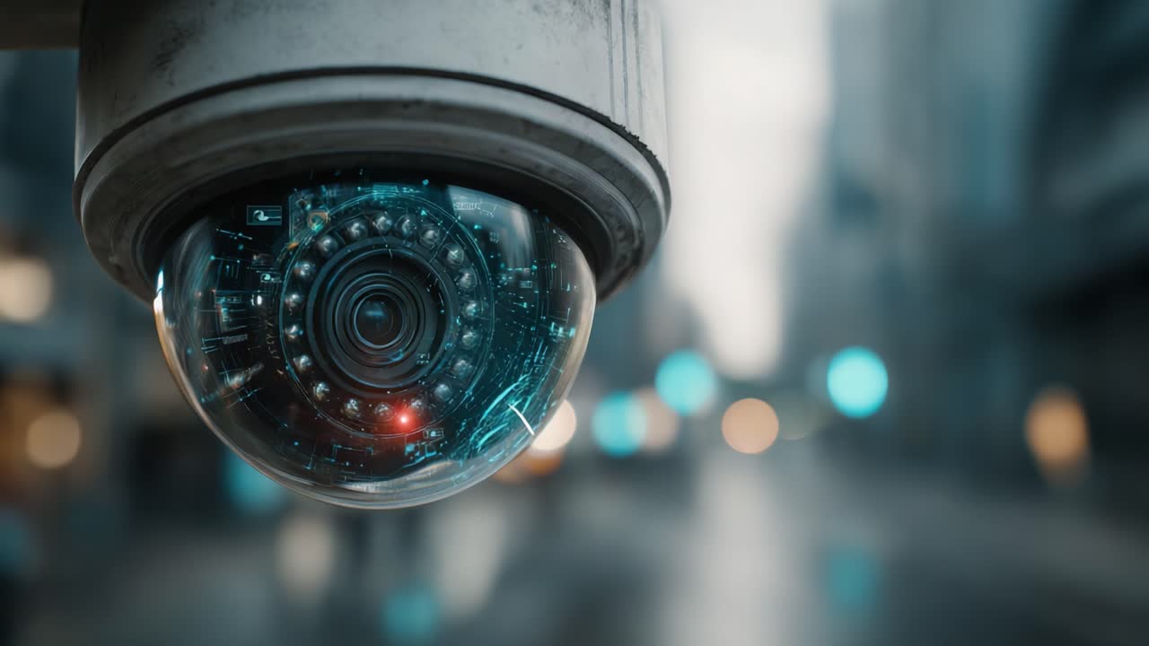 An Advanced Surveillance Camera Capturing Urban Scenes Featuring High-Tech Digital Circuits and Luminous Elements with a Modern Aesthetic