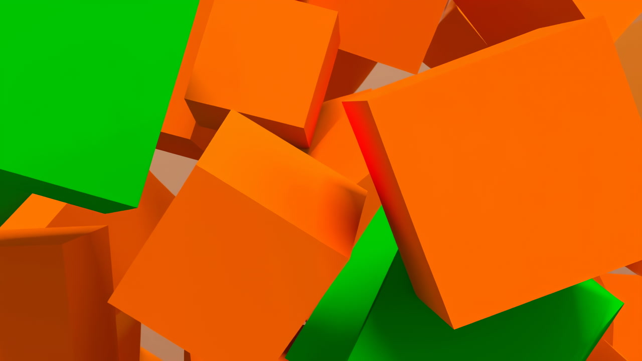 Orange And Green Cubes Tumbling Across Frame, Playful D Blocks Collide And Stack With Kinetic Energy, Ideal
