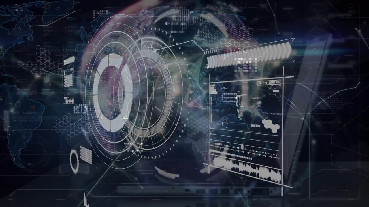 Animation of scope scanning and data processing over globe on black background