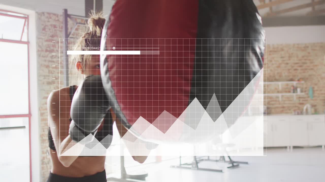 Heavy bag swinging in, woman boxer closing in, throwing short jabs while HUD showing fitness data