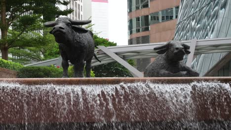 iconic bull statues overlook a fountain at exchange square (hkex), hong kong's bustling financial center and home to the stock exchange in china.