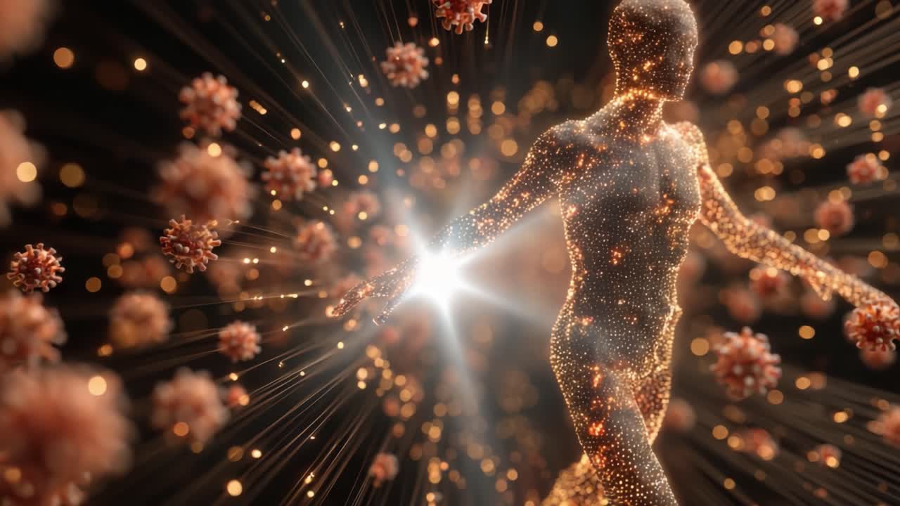 En funklende menneskelig skikkelse navigerende gennem en sky af vira, som legemliggør krydsfeltet mellem kunst og videnskab i et futuristisk miljø.