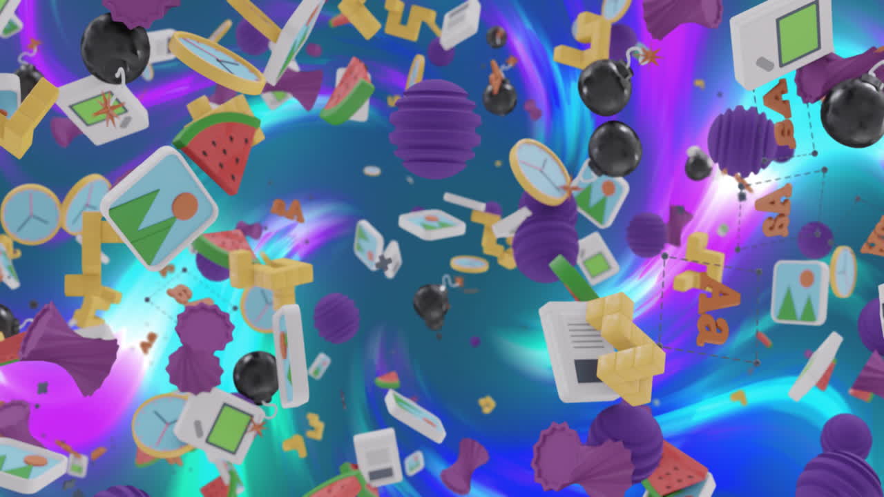 다채로운 파란색 소용돌이 배경 위에서 진행되는 다양한 3d 미디어 아이콘의 애니메이션