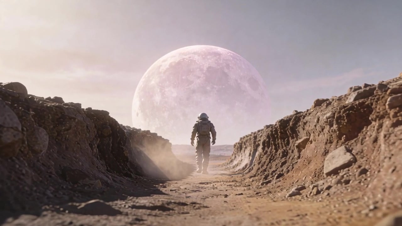 Caméra en marche, astronaute en combinaison, casque et sac à dos de survie marchant le long d'une tranchée, soulevant de la poussière vers une lune rose.